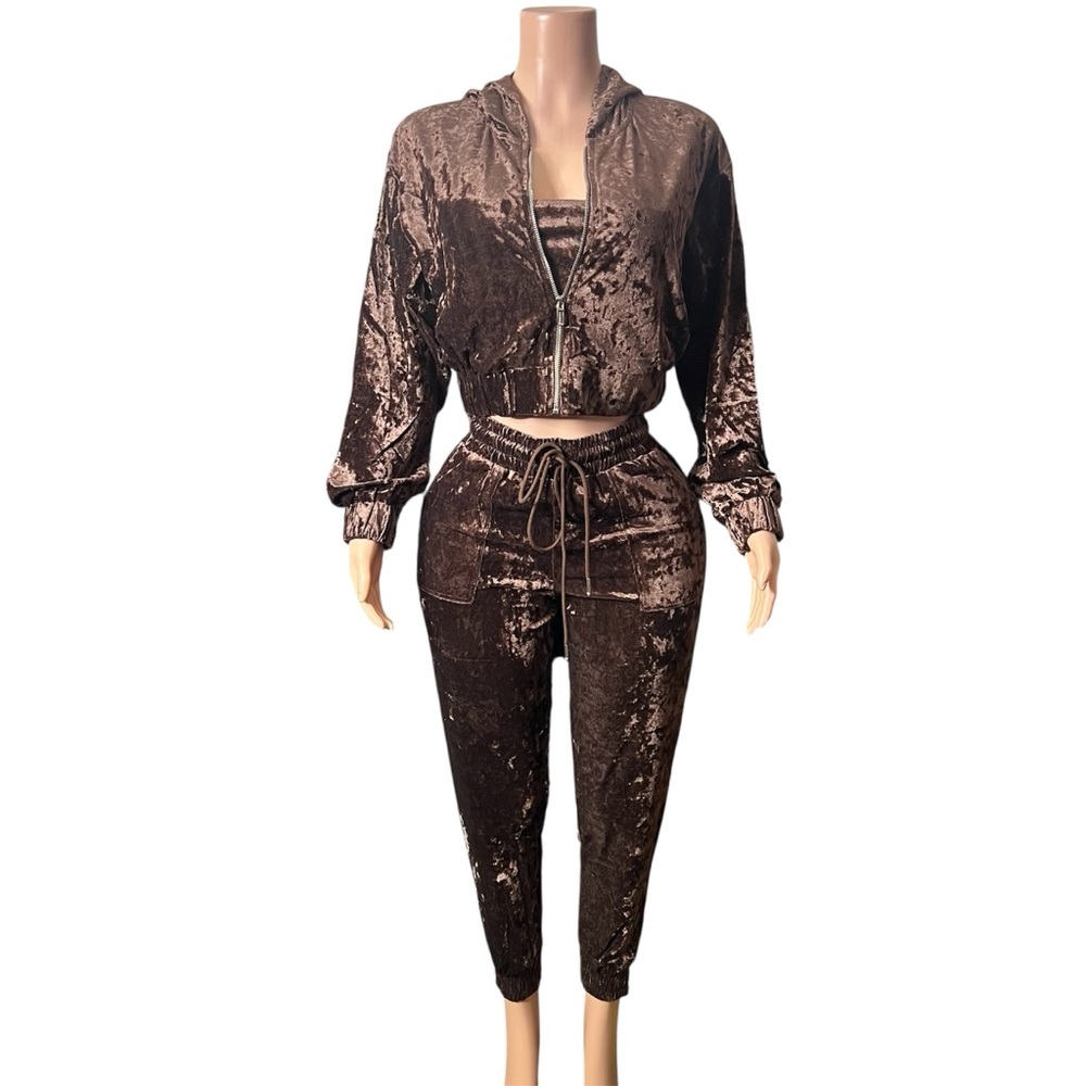 Velvet three Piece Jogger Set - Brown